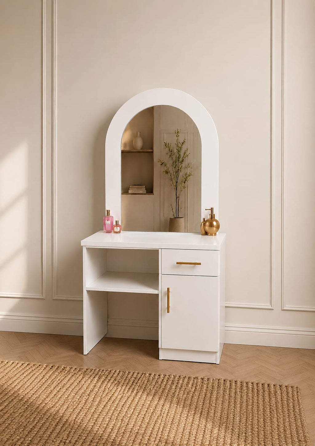 Moana Vanity | White Makeup Vanity with Arched Mirror, Drawer & Storage Cabinet