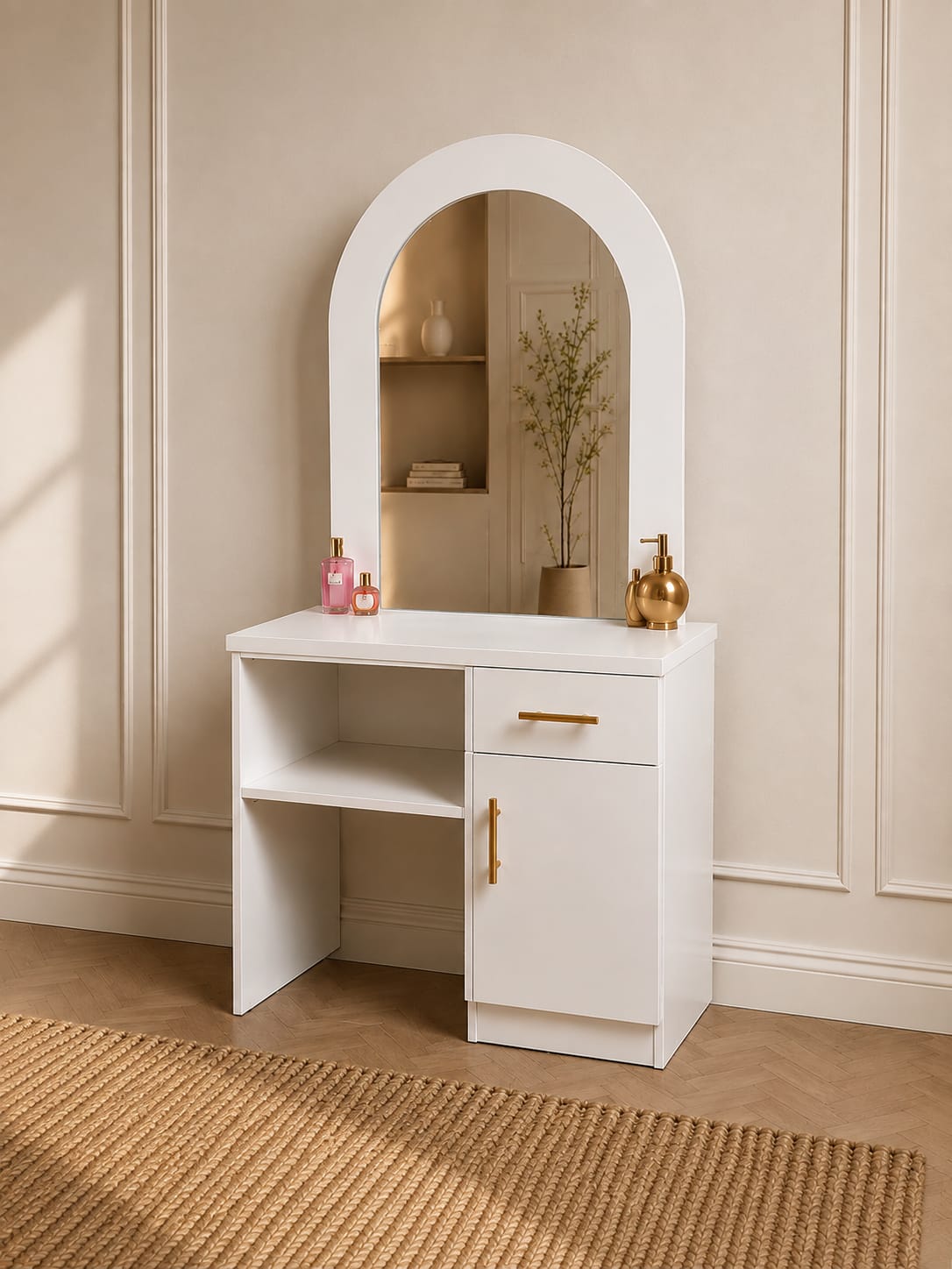 Moana Vanity | White Makeup Vanity with Arched Mirror, Drawer & Storage Cabinet