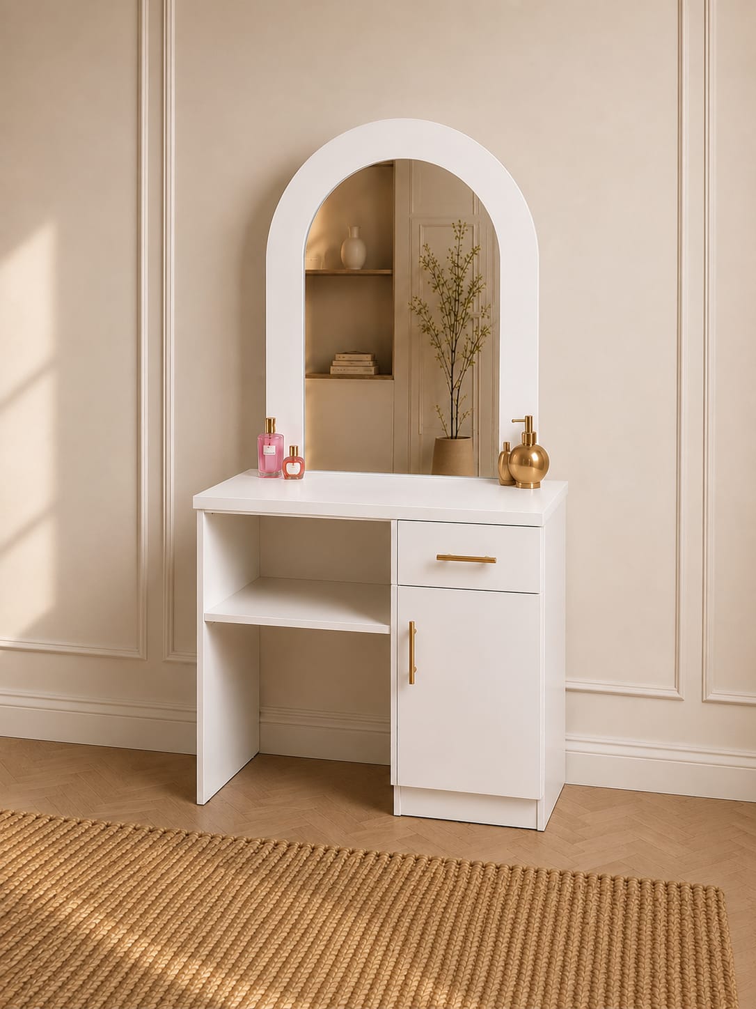 Moana Vanity | White Makeup Vanity with Arched Mirror, Drawer & Storage Cabinet