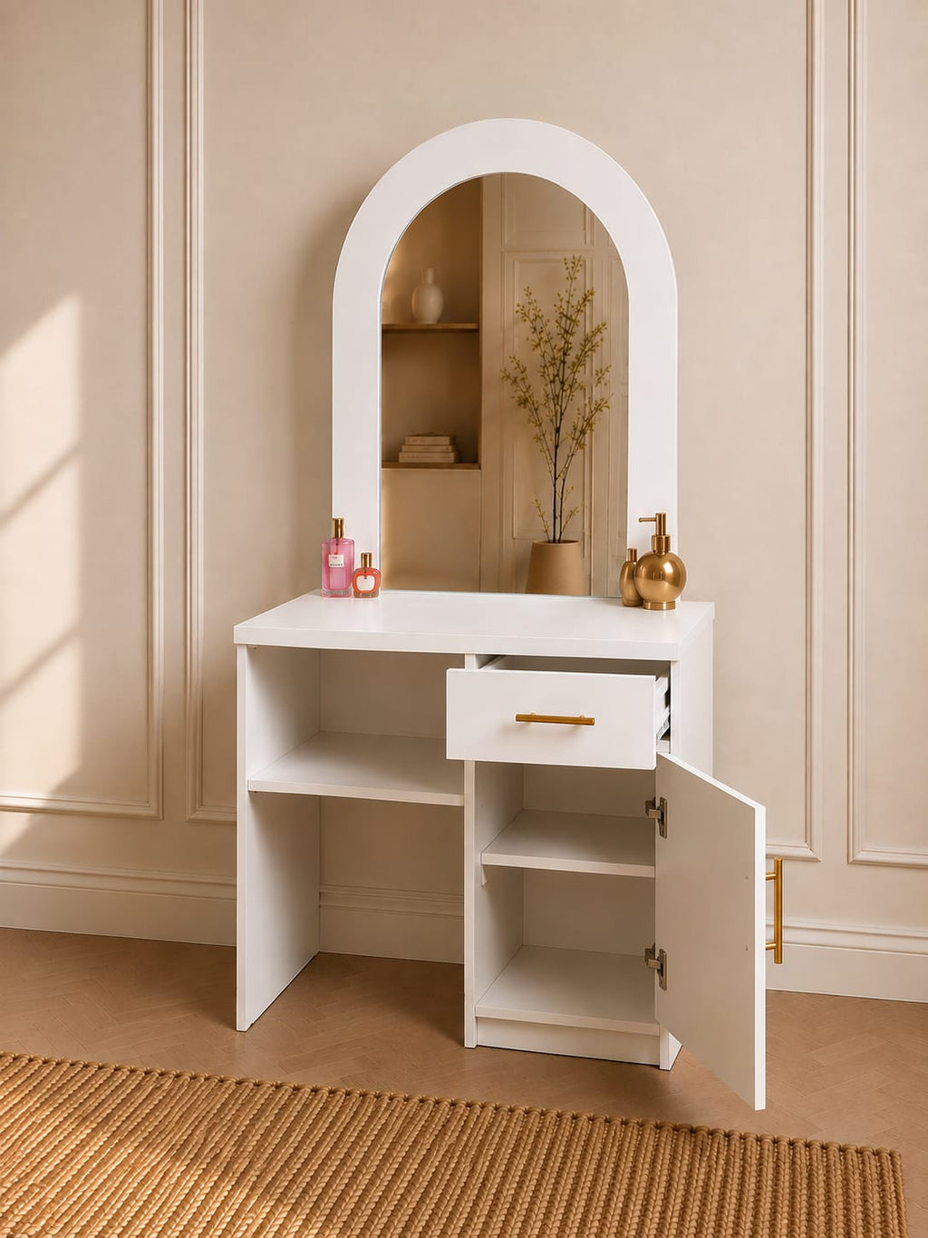 Moana Vanity | White Makeup Vanity with Arched Mirror, Drawer & Storage Cabinet