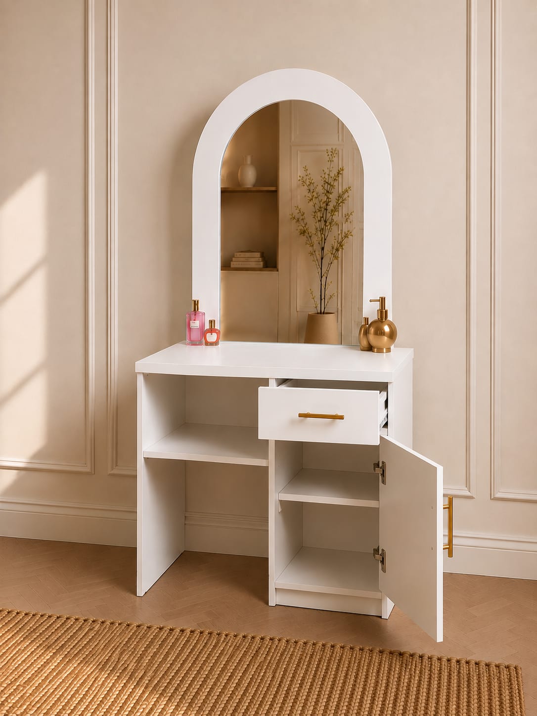 Moana Vanity | White Makeup Vanity with Arched Mirror, Drawer & Storage Cabinet