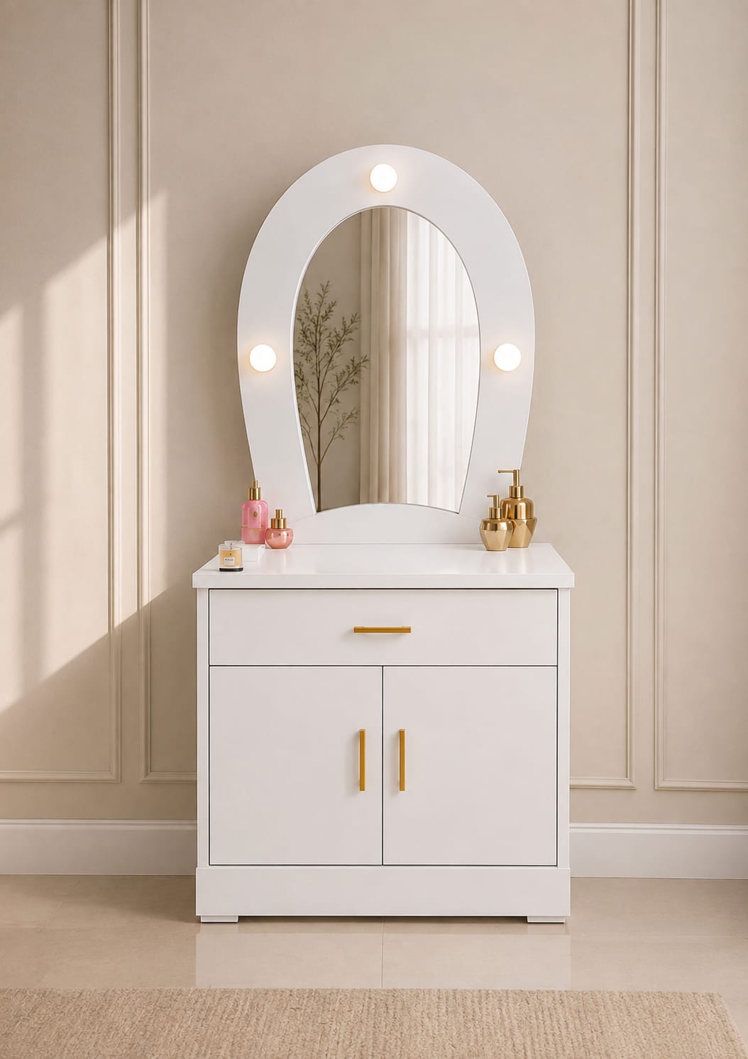 Elsa Vanity | White Makeup Vanity with LED Mirror & Storage Cabinet
