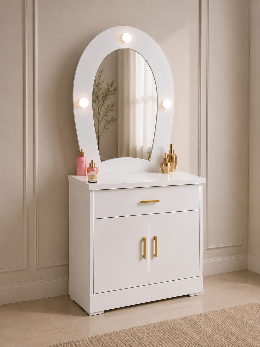 Elsa Vanity | White Makeup Vanity with LED Mirror & Storage Cabinet