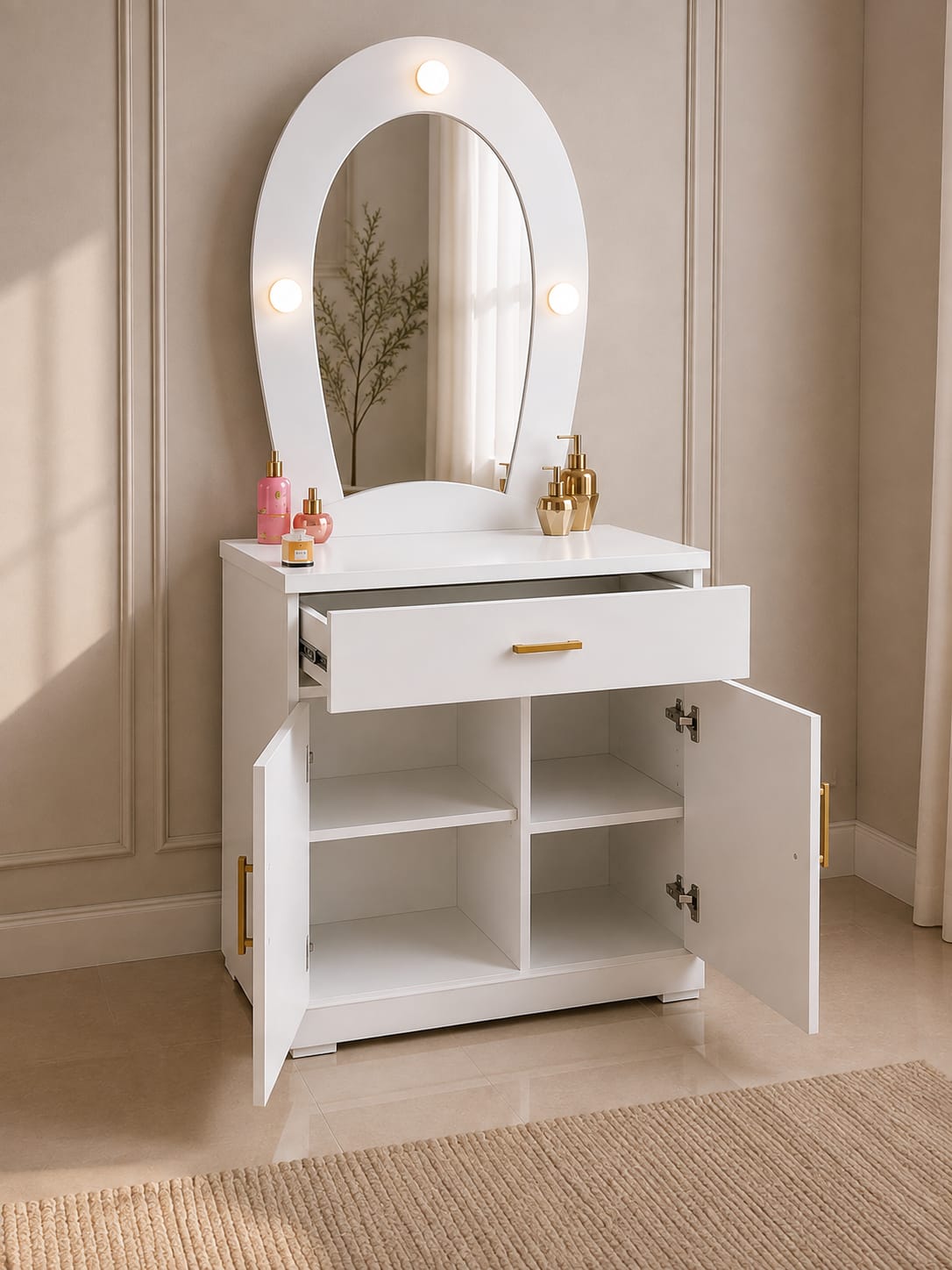 Elsa Vanity | White Makeup Vanity with LED Mirror & Storage Cabinet