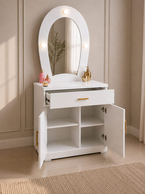 Elsa Vanity | White Makeup Vanity with LED Mirror & Storage Cabinet