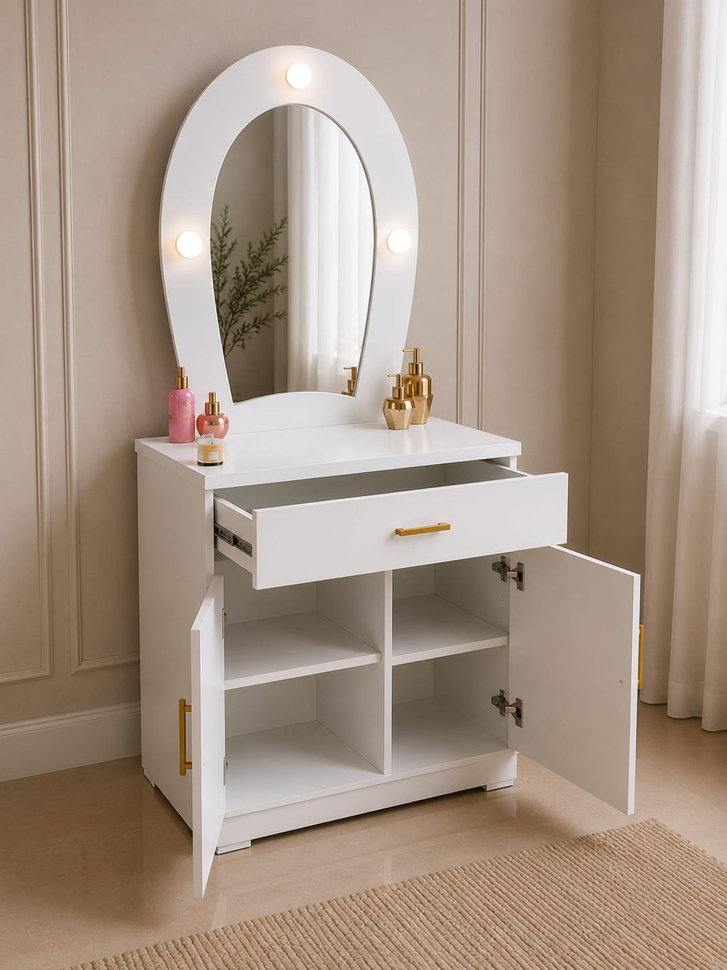 Elsa Vanity | White Makeup Vanity with LED Mirror & Storage Cabinet