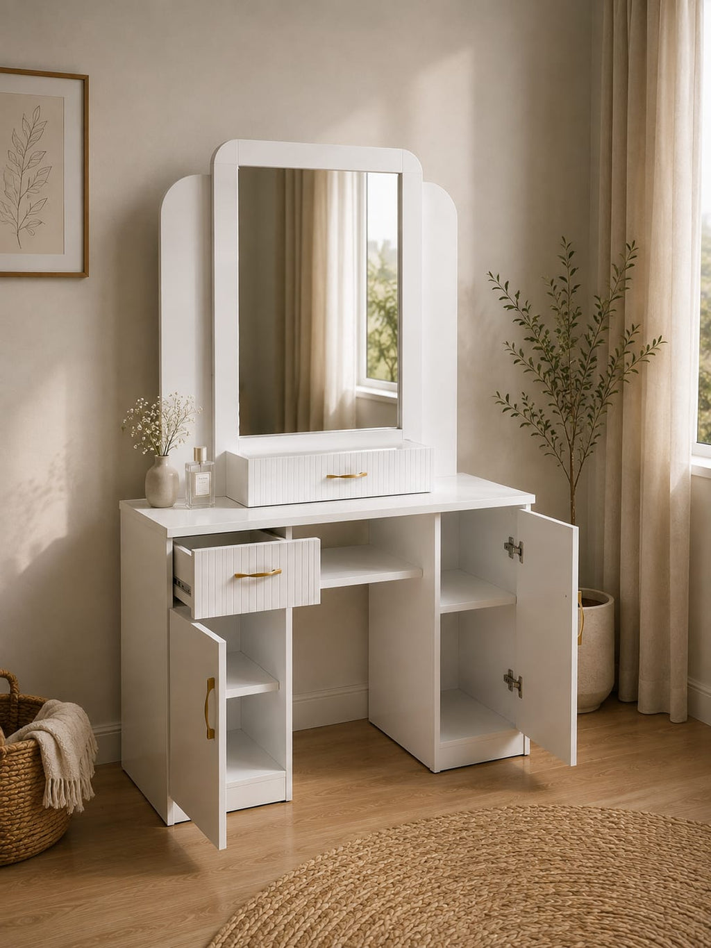 Jasmine Vanity | White Makeup Vanity with Built-In Mirror & Storage