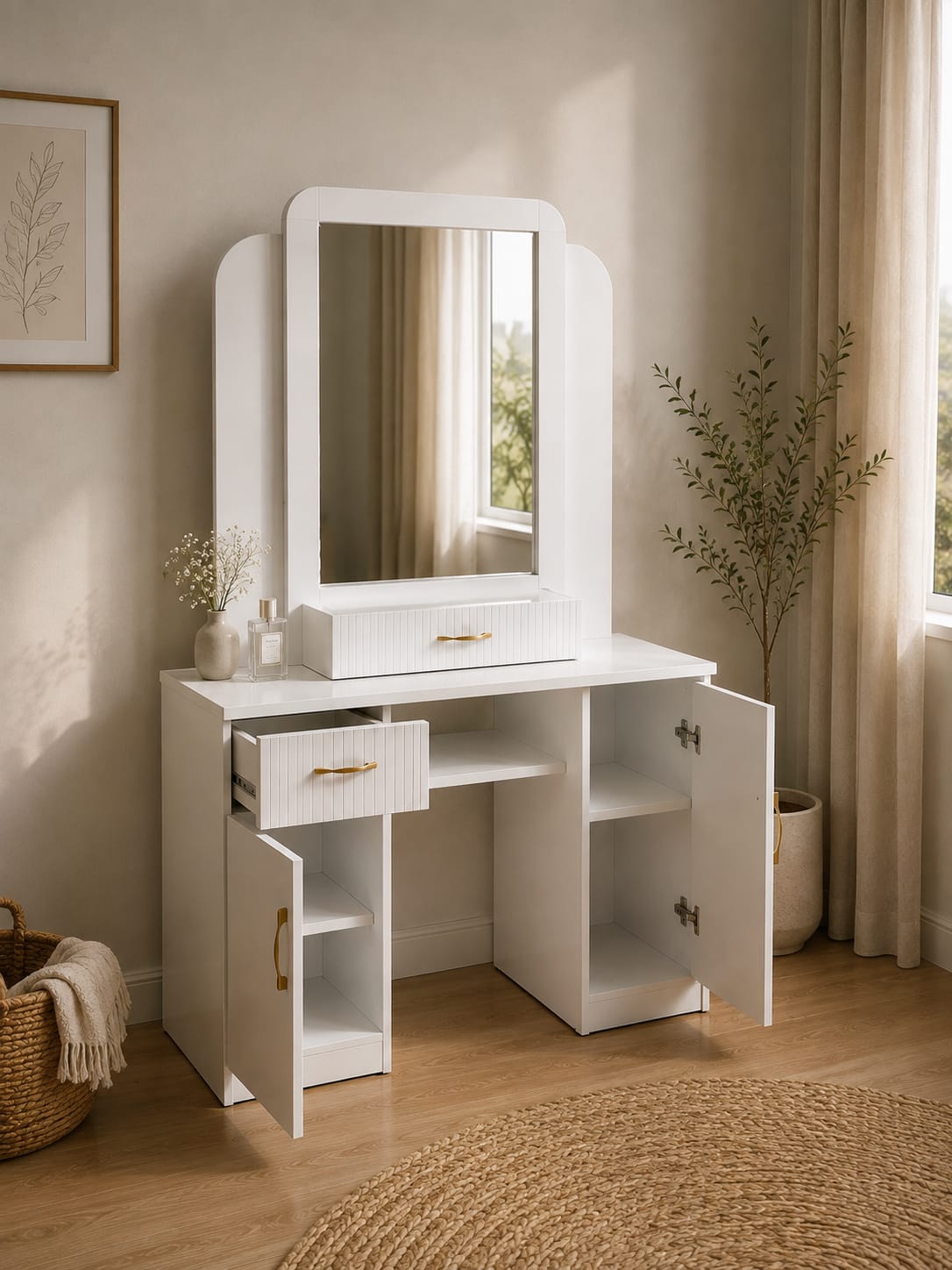 Jasmine Vanity | White Makeup Vanity with Built-In Mirror & Storage