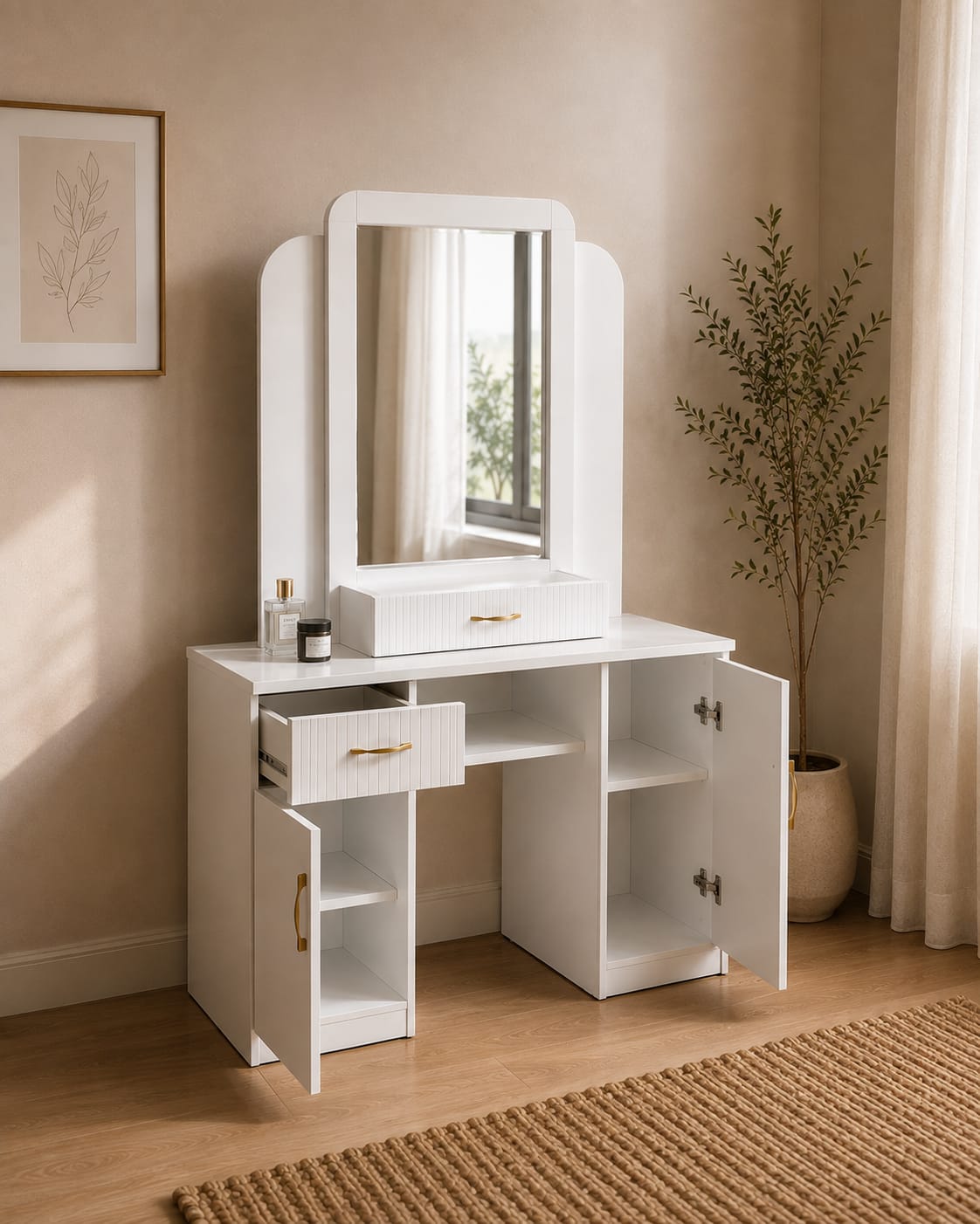 Jasmine Vanity | White Makeup Vanity with Built-In Mirror & Storage