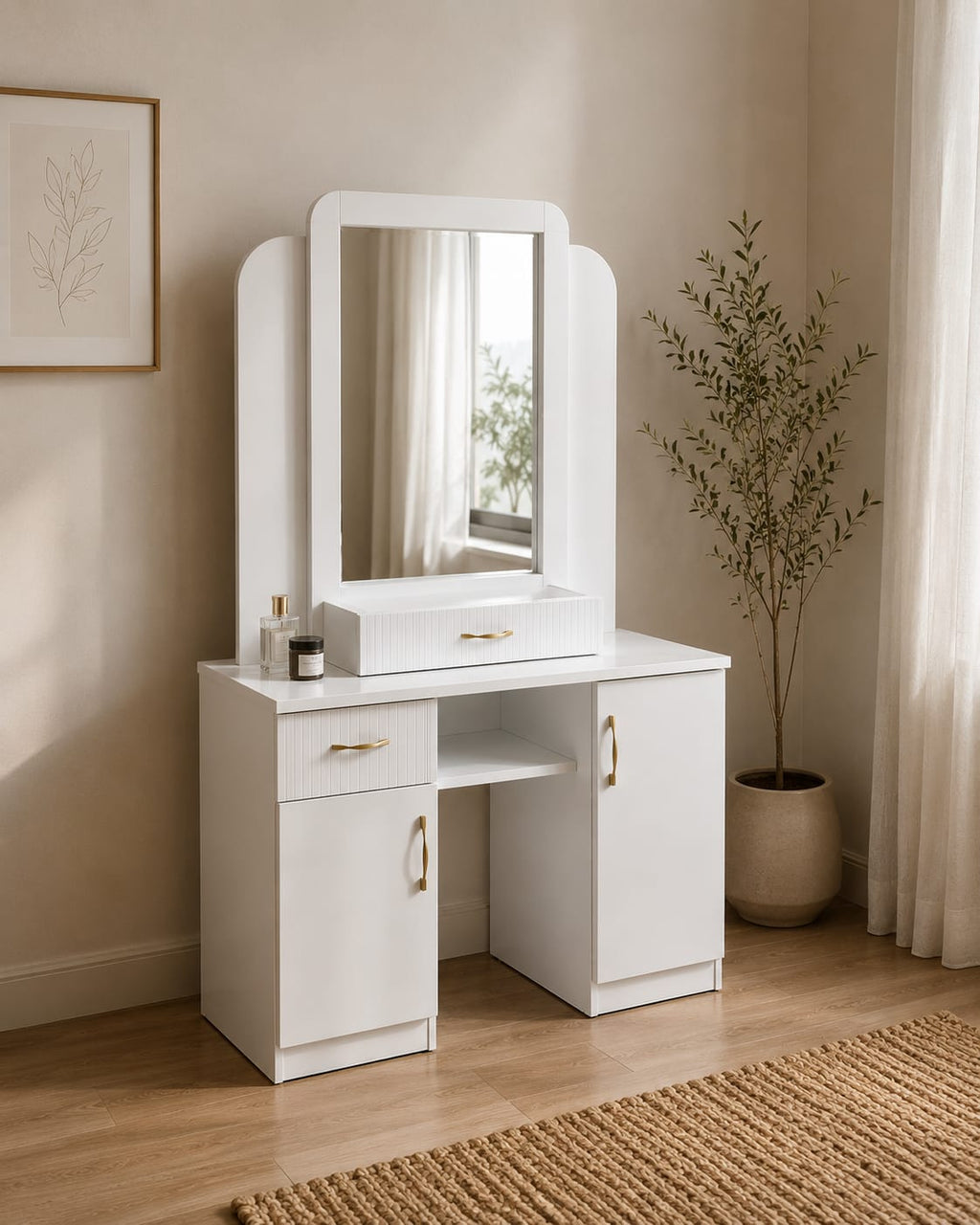 Jasmine Vanity | White Makeup Vanity with Built-In Mirror & Storage