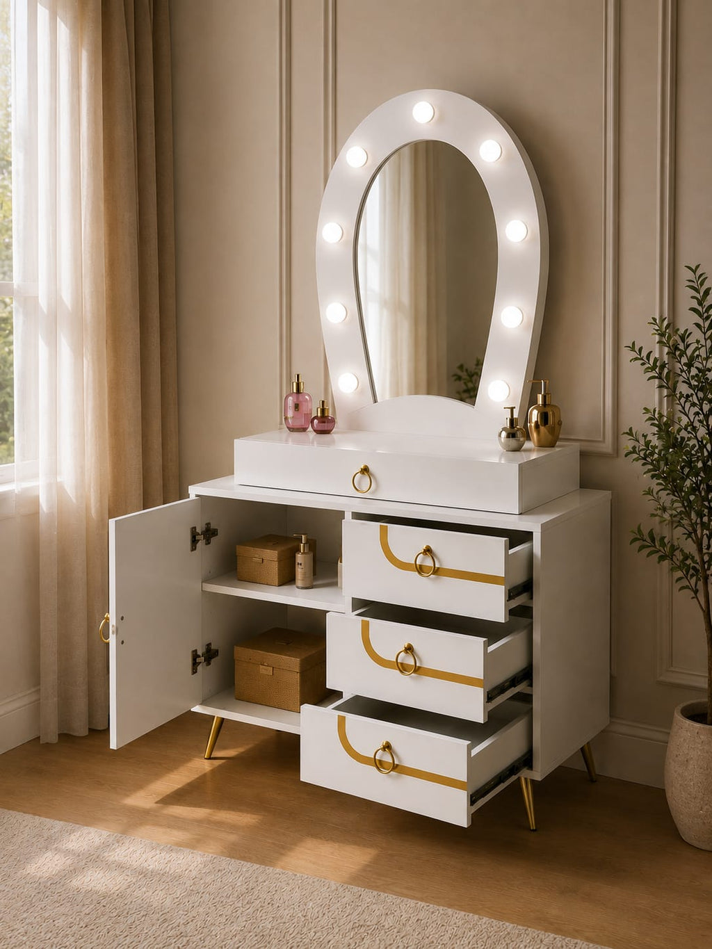Snow White Vanity | White Makeup Vanity with LED Mirror & Storage