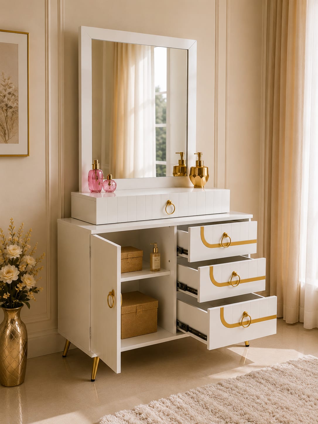 Cinderella Vanity | Luxury White Makeup Vanity with Mirror & Storage