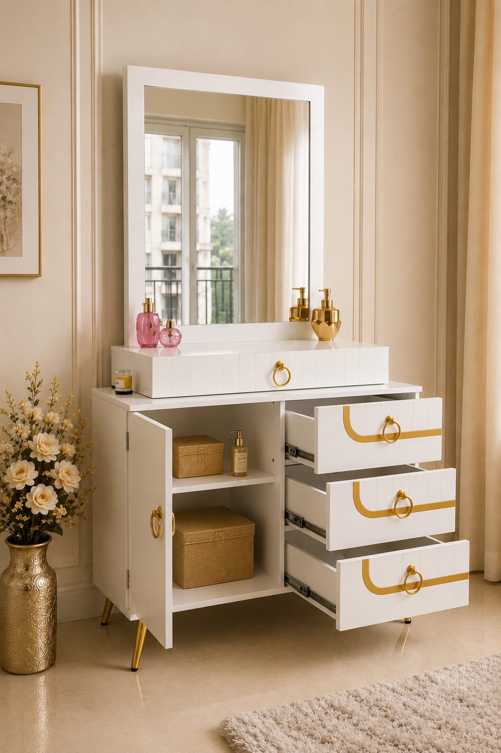 Cinderella Vanity | Luxury White Makeup Vanity with Mirror & Storage