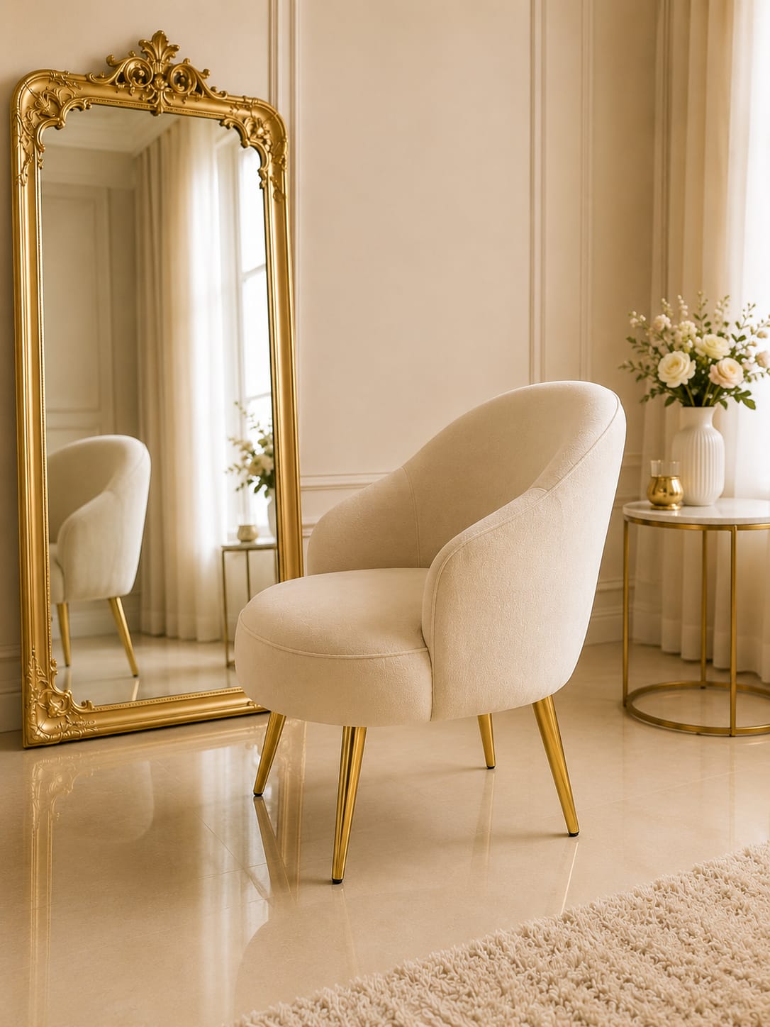 Luxury Velvet Puffie Chair with Gold Metal Legs | Modern Accent Chair for Vanity & Bedroom