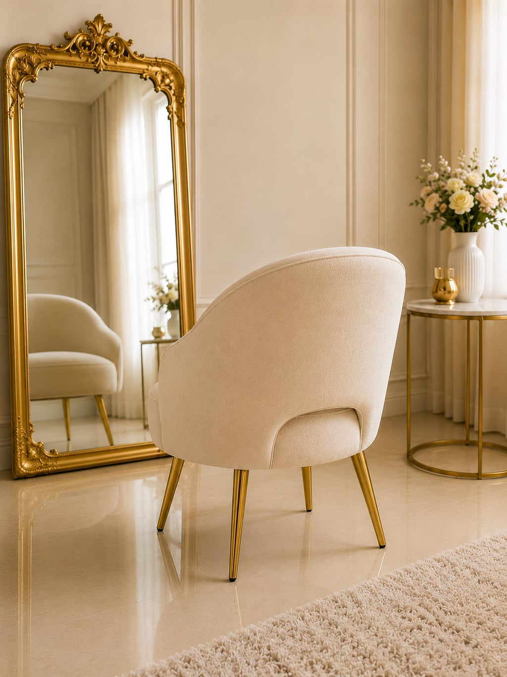 Luxury Velvet Puffie Chair with Gold Metal Legs | Modern Accent Chair for Vanity & Bedroom
