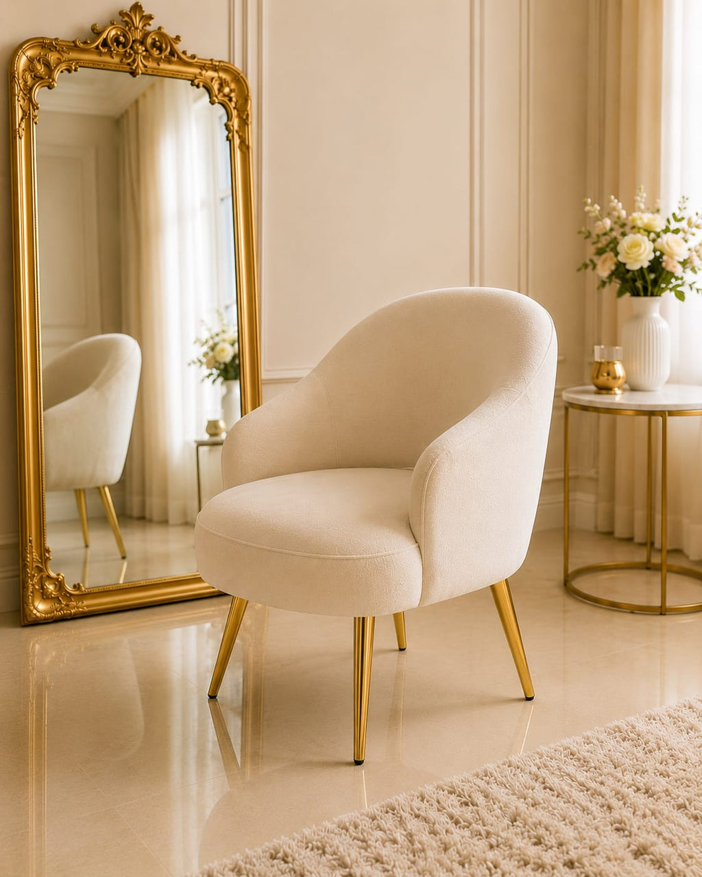 Luxury Velvet Puffie Chair with Gold Metal Legs | Modern Accent Chair for Vanity & Bedroom