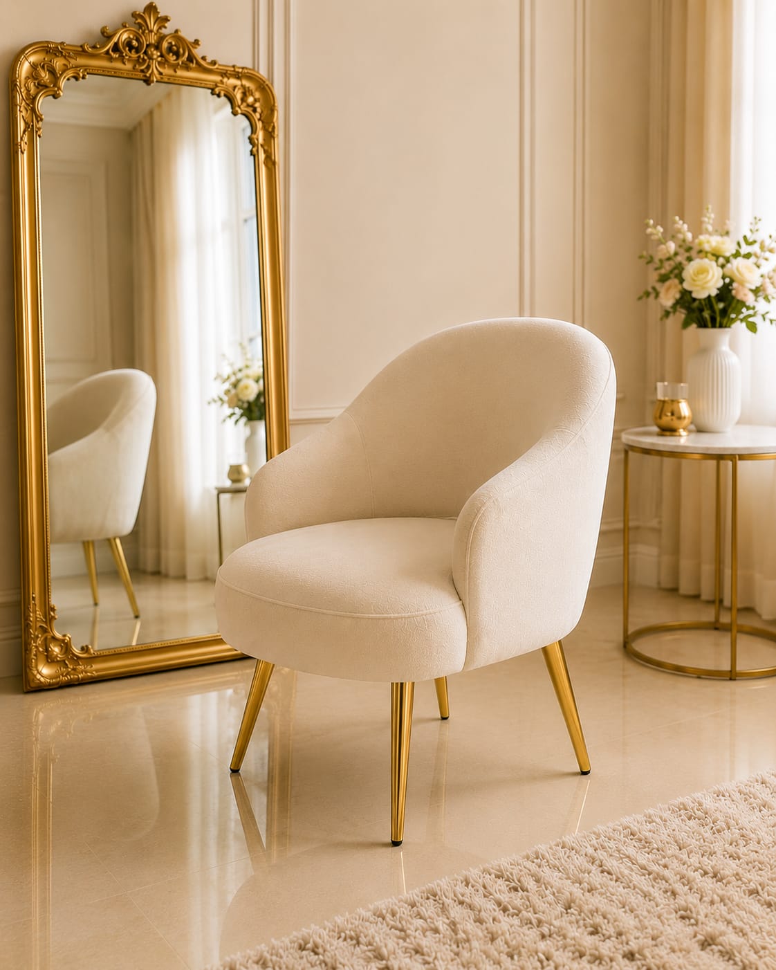 Luxury Velvet Puffie Chair with Gold Metal Legs | Modern Accent Chair for Vanity & Bedroom