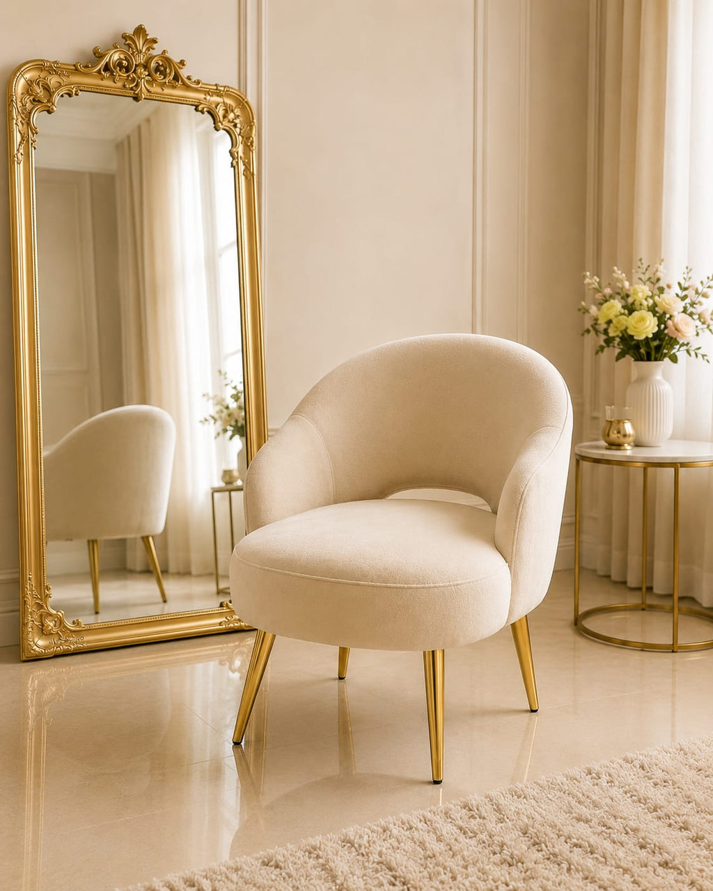 Luxury Velvet Puffie Chair with Gold Metal Legs | Modern Accent Chair for Vanity & Bedroom