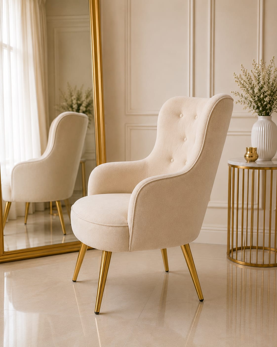 Luxury Tufted Vanity Chair with Gold Legs